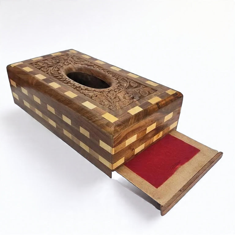 Handcrafted Wooden Tissue Box – Intricately Carved Sheesham Wood Tissue Holder for Home Decor