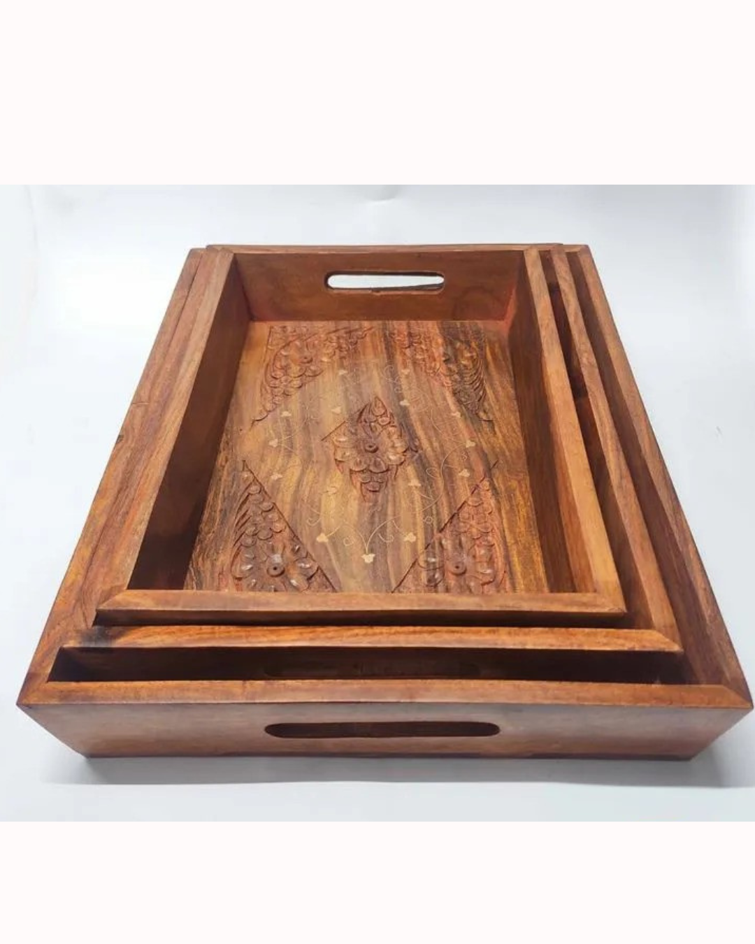 Wooden Hand Carved Serving Tray Set Of 3 | Traditional Decorative Trays With Handles
