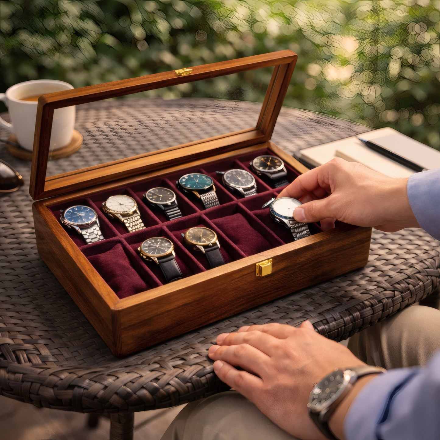 Luxury Wooden Watch Box Organizer with Glass Lid – 10 Slot Display Case | Royal Galleria