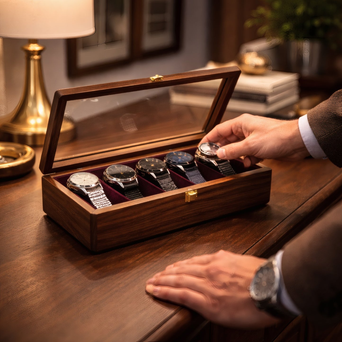 5-Slot Wooden Watch Box – Luxury Watch Storage & Travel Case