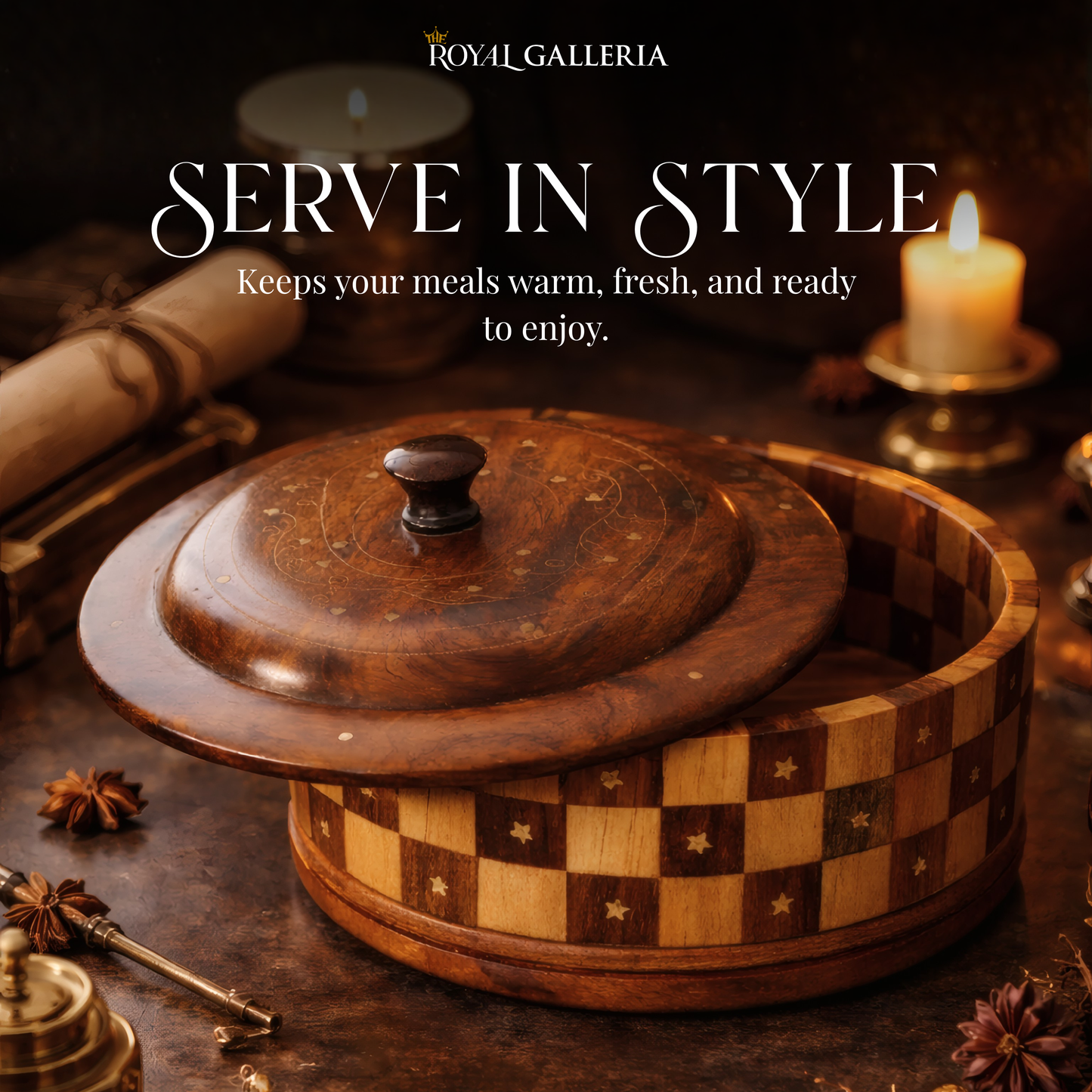 Wooden Hotpot with Brass Work – Traditional Handcrafted Roti & Food Warmer