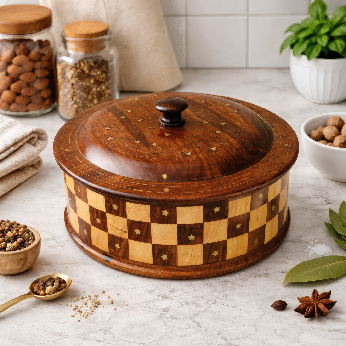 Wooden Hotpot with Brass Work – Traditional Handcrafted Roti & Food Warmer
