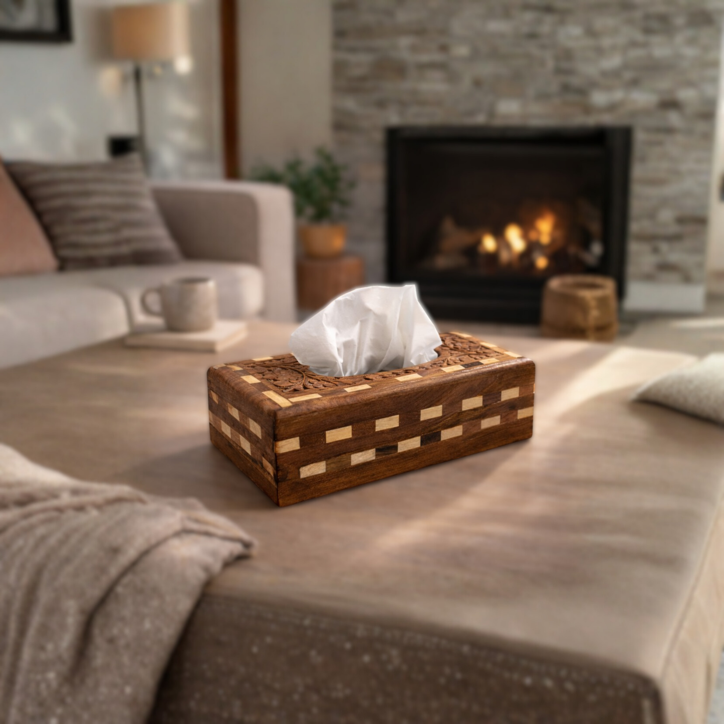 Handcrafted Wooden Tissue Box – Intricately Carved Sheesham Wood Tissue Holder for Home Decor