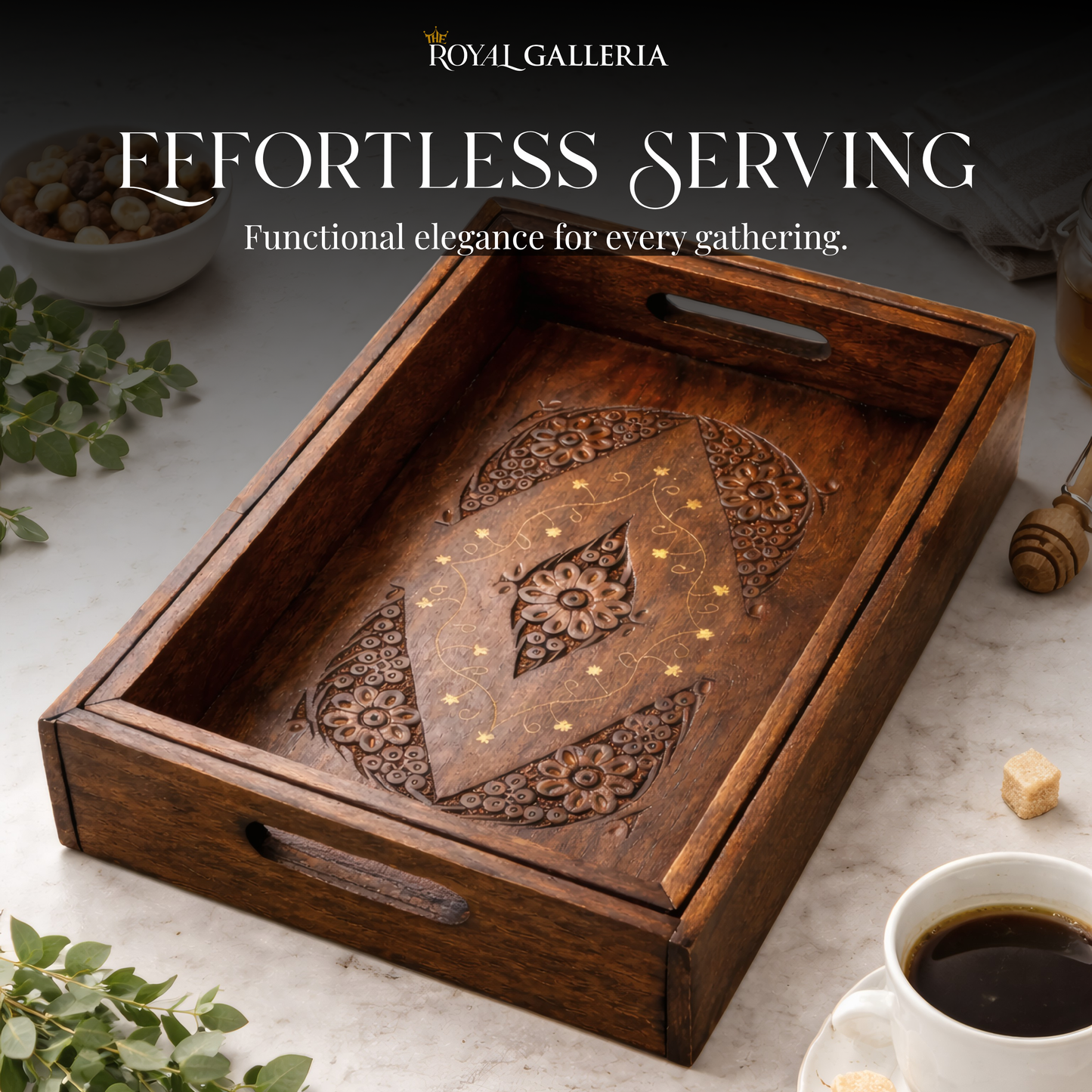 Wooden Hand Carved Serving Tray Set Of 3 | Traditional Decorative Trays With Handles