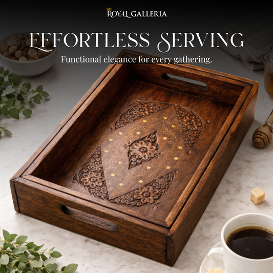 Wooden Hand Carved Serving Tray Set Of 3 | Traditional Decorative Trays With Handles