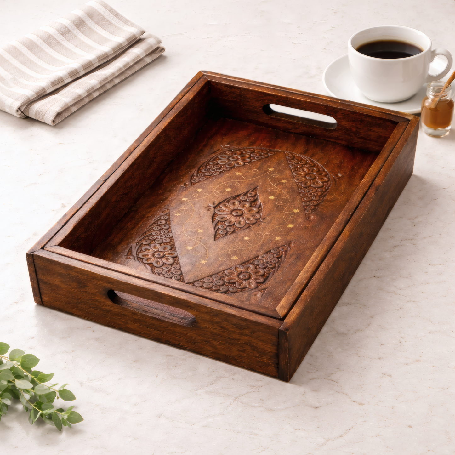 Wooden Hand Carved Serving Tray Set Of 3 | Traditional Decorative Trays With Handles