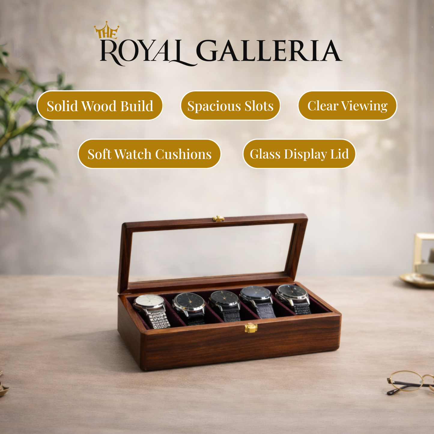5-Slot Wooden Watch Box – Luxury Watch Storage & Travel Case