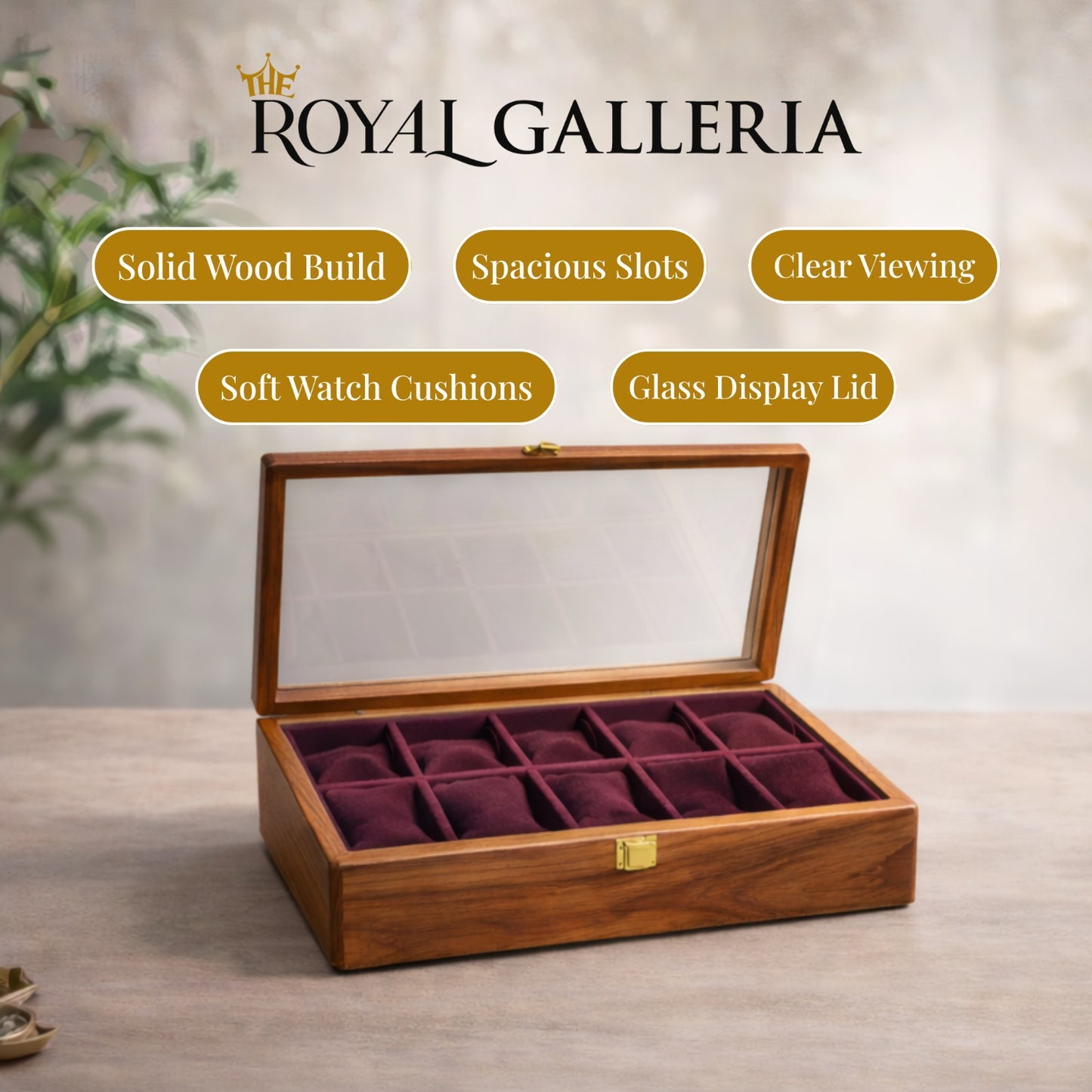 Luxury Wooden Watch Box Organizer with Glass Lid – 10 Slot Display Case | Royal Galleria