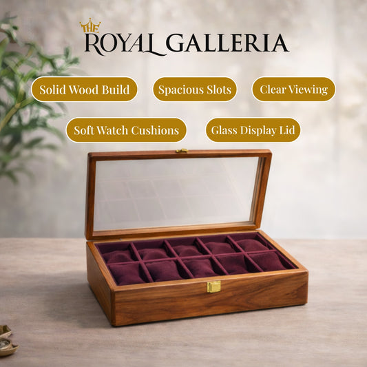 Luxury Wooden Watch Box Organizer with Glass Lid – 10 Slot Display Case | Royal Galleria